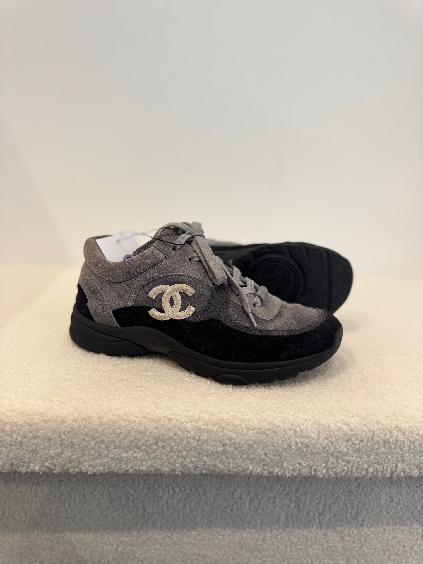 Chanel CC Logo Low Top Sneakers Grey/Black Suede (EU 36.5)